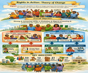 Infographic titled “Rights in Action: Theory of Change.” It shows people with disabilities in Africa working together for equality and inclusion. The goal is to strengthen organizations of persons with disabilities in Zimbabwe and Nigeria so they can advocate for their rights. The graphic highlights training, stronger governance, advocacy skills, joint campaigns, and policy change. Key results include decision-makers trained, laws developed, disability organizations empowered, and joint advocacy actions.