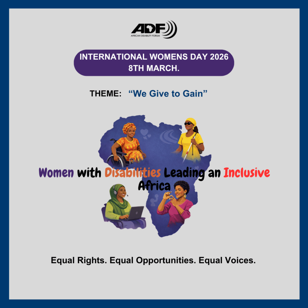 Poster with stylized map of Africa featuring four women with disabilities engaging in diverse activities. Text: "Women with Disabilities Leading an Inclusive Africa."