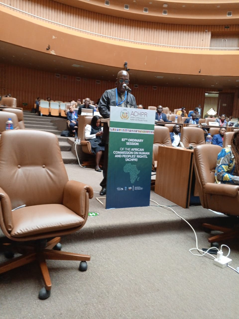 Mr. Ayassou at a podium addresses an audience in a large auditorium at the African Commission on Human and Peoples' Rights session. Attendees are seated in brown chairs