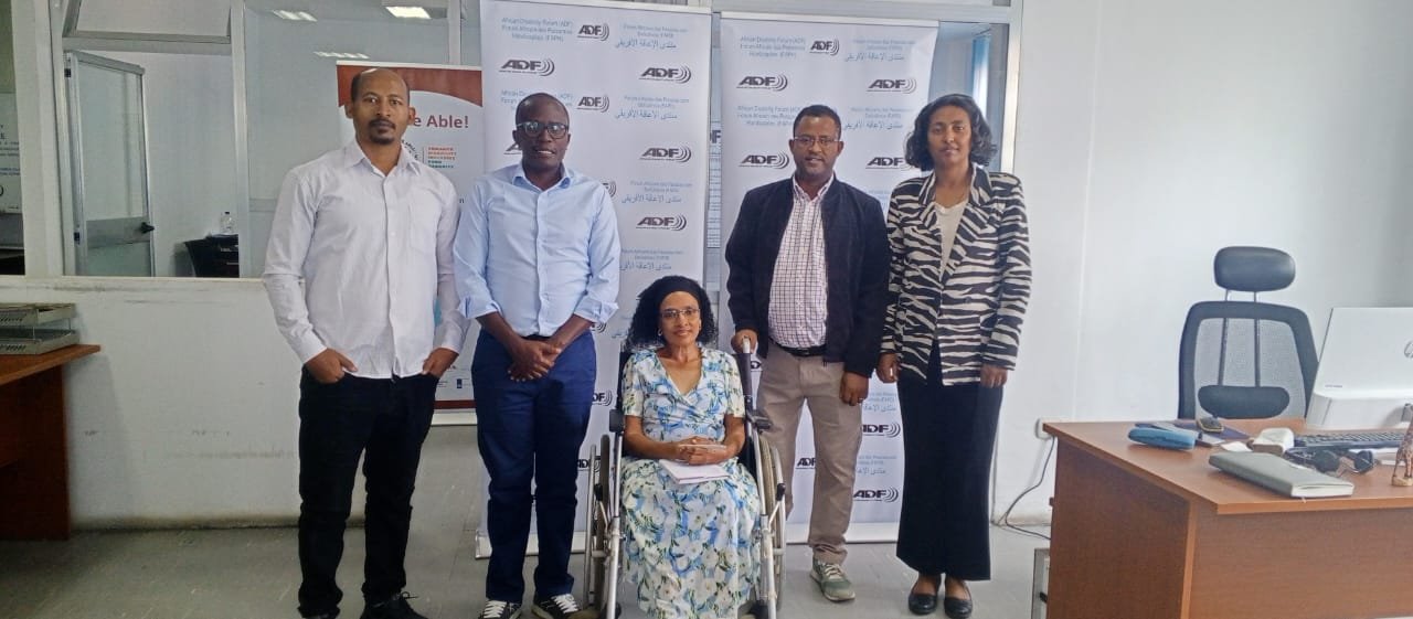 Group Photo: ADF team and Mr. Washington Opiyo Sati, Regional Program Manager for Africa at the Disability Rights Fund (DRF), during a meeting at the ADF office to discuss partnership, collaboration, and advancing disability rights across Africa.