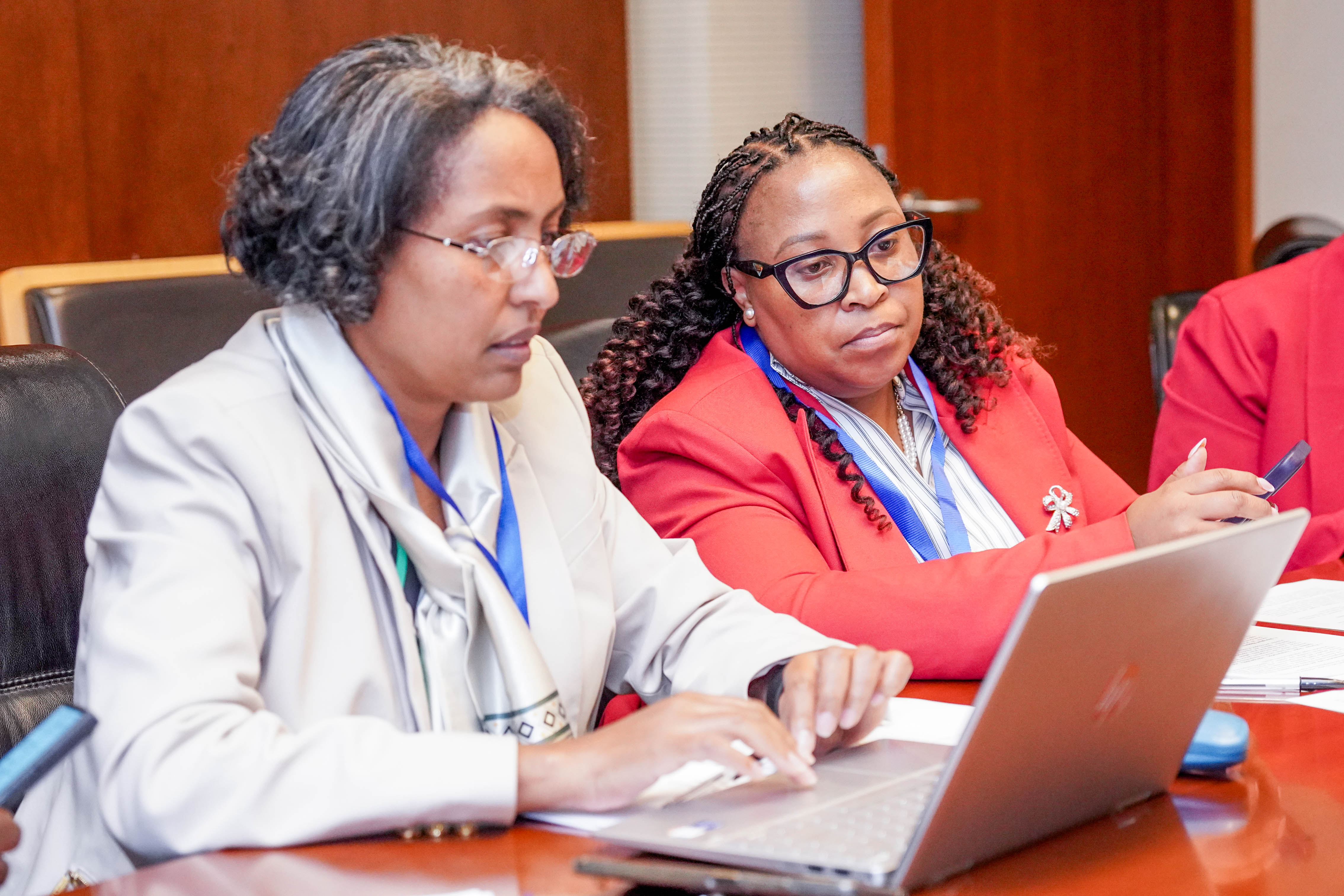 Two women in business attire seated at a conference table, working on a laptop and reviewing documents. One wears a light suit and scarf, the other a red blazer with glasses. They appear focused during a professional meeting. The woman on the left is Bethelehem Zewdee, ADF Programme Director.