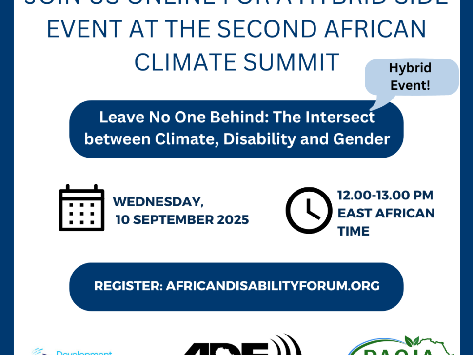 This poster is an announcement for a hybrid side event at the Second African Climate Summit. The event, titled "Leave No One Behind: The Intersect between Climate, Disability and Gender," will take place on Wednesday, September 10, 2025, from 12:00 to 13:00 PM East African Time. The poster instructs people to register at AFRICANDISABILITYFORUM.ORG. The event is organized by the African Disability Forum (ADF), in partnership with Development Transformations and the Pan African Climate Justice Alliance (PACJA).