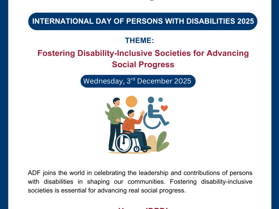 A poster from the African Disability Forum (ADF) for the International Day of Persons with Disabilities 2025. The theme reads “Fostering Disability-Inclusive Societies for Advancing Social Progress.” The date “Wednesday, 3rd December 2025” is displayed. Below, there is an illustration of three people: one person using a wheelchair, another pushing the wheelchair, and a stylized accessibility icon with a heart. The text at the bottom highlights ADF’s message about celebrating the leadership and contributions of persons with disabilities and the importance of inclusive societies. The poster ends with the phrase “Happy IDPD!”