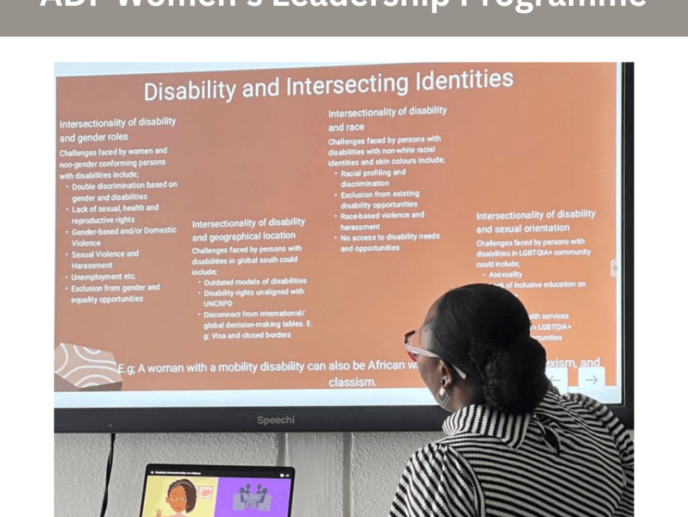 Heading that says Two Alumni Success Stories from the ADF Women’s Leadership Programme. An image below shows a woman facing a big screen as she is teaching. The screen says "Disability and intersecting identities"||||