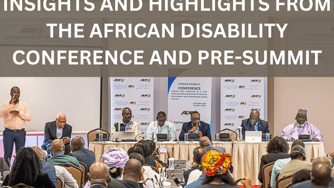 |An MoU has being signed between the ADF and African Disability Alliance to advance advocacy for the ratification and implementation of the African Disability Protocol.||A panellist checking his notes|A woman with a mic speaks while an sign language interpreter interprets what she says next to her|Kennedy Kalunga, Permanent Secretary, Cabinet Office, Special Duties, Zambia|ADF Chair, Idriss Maiga|Photograph of attendants of the conference facing a panel of speakers.||The camera is focused on one man at the conference listening to the panellists with language translation headphones on his head|||A big group of attendees standing together posing for a picture.||Mercy Wanjau, Secretary to the Cabinet of the Republic of Kenya standing with Kennedy Kaluga