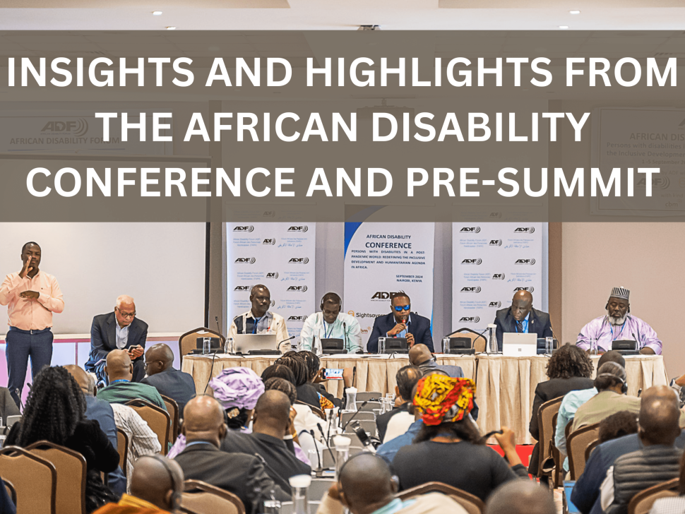 |An MoU has being signed between the ADF and African Disability Alliance to advance advocacy for the ratification and implementation of the African Disability Protocol.||A panellist checking his notes|A woman with a mic speaks while an sign language interpreter interprets what she says next to her|Kennedy Kalunga, Permanent Secretary, Cabinet Office, Special Duties, Zambia|ADF Chair, Idriss Maiga|Photograph of attendants of the conference facing a panel of speakers.||The camera is focused on one man at the conference listening to the panellists with language translation headphones on his head|||A big group of attendees standing together posing for a picture.||Mercy Wanjau, Secretary to the Cabinet of the Republic of Kenya standing with Kennedy Kaluga