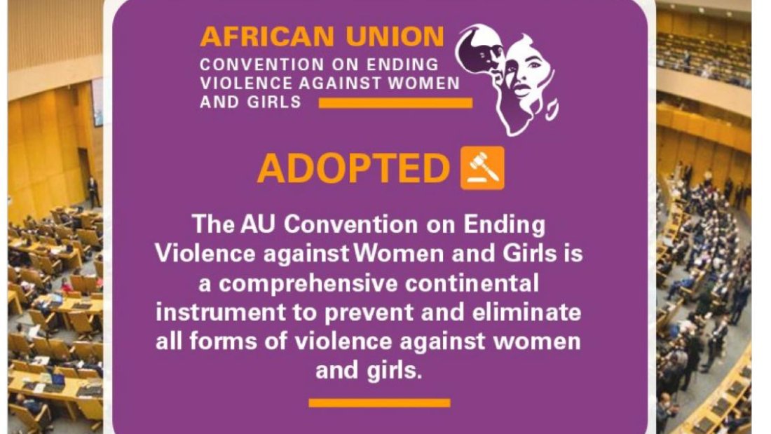 A graphic announcement from the African Union about the adoption of the Convention on Ending Violence Against Women and Girls. The background features a large conference hall filled with delegates. The foreground contains a purple text box with bold yellow and white text stating 'African Union Convention on Ending Violence Against Women and Girls – ADOPTED'. The message describes the convention as a comprehensive continental instrument to prevent and eliminate violence against women and girls. Social media icons and the AU website (au.int) are visible at the bottom.