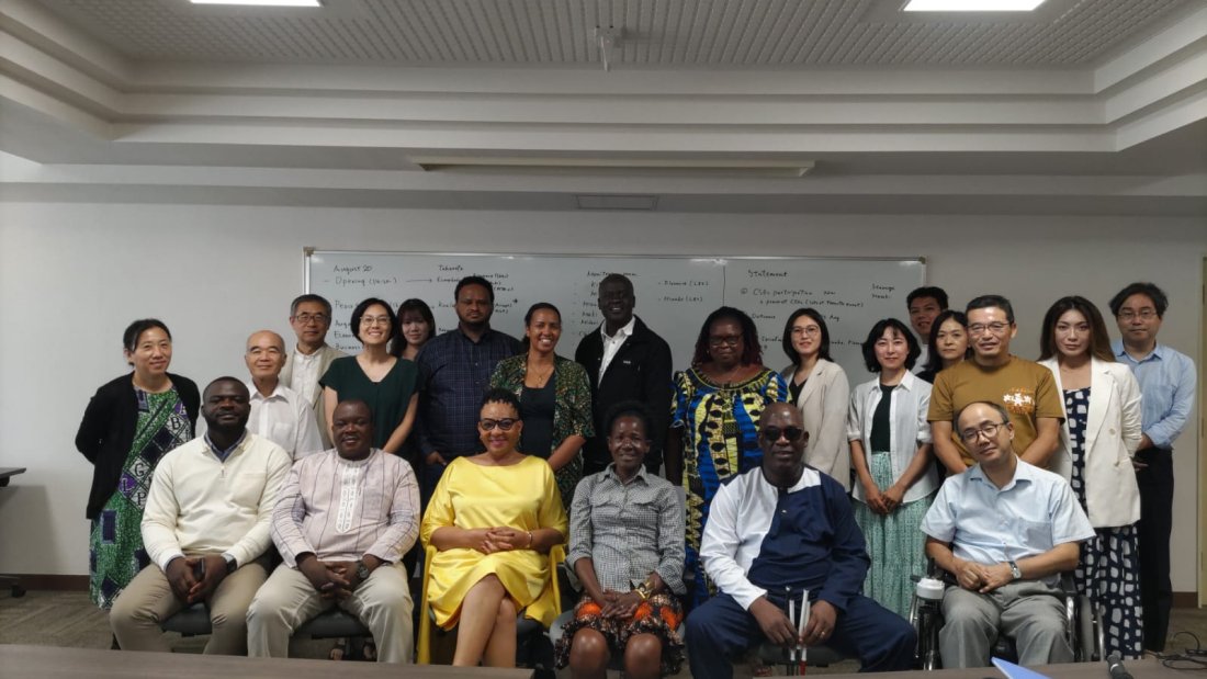 Group photo - ADF Executive Committee Treasurer, Mr. Ayassou Germain, with other participants after the CSO wrap-up meeting|ADF Program Director, Mrs. Bethelehem Zewde, delivering a presentation|ADF Executive Committee Treasurer, Mr. Ayassou Germain delivering a presentation||