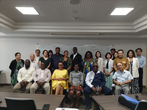 Group photo - ADF Executive Committee Treasurer, Mr. Ayassou Germain, with other participants after the CSO wrap-up meeting|ADF Program Director, Mrs. Bethelehem Zewde, delivering a presentation|ADF Executive Committee Treasurer, Mr. Ayassou Germain delivering a presentation||