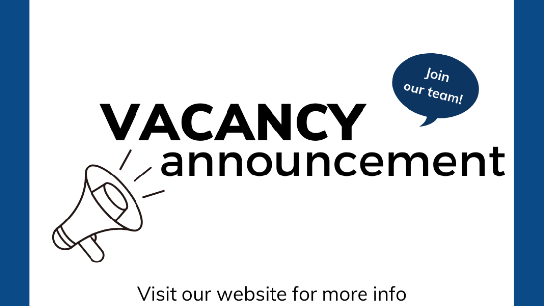 Graphic with the African Disability Forum (ADF) logo and text that reads “VACANCY announcement” with a megaphone icon. A speech bubble says “Join our team!” and text below reads “Visit our website for more info africandisabilityforum.org”. The graphic has a blue border.