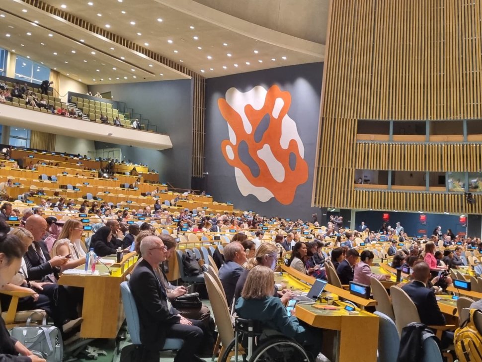 A wide view of the packed UN General Assembly Hall during COSP18, with delegates from around the world seated at rows of desks. The iconic orange and white mural is visible in the background, and several attendees, including wheelchair users, are engaged in the proceedings.|Sweden Sverige logo|light for the world logo|disabled people organization Denmark logo|humanity inclusion logo