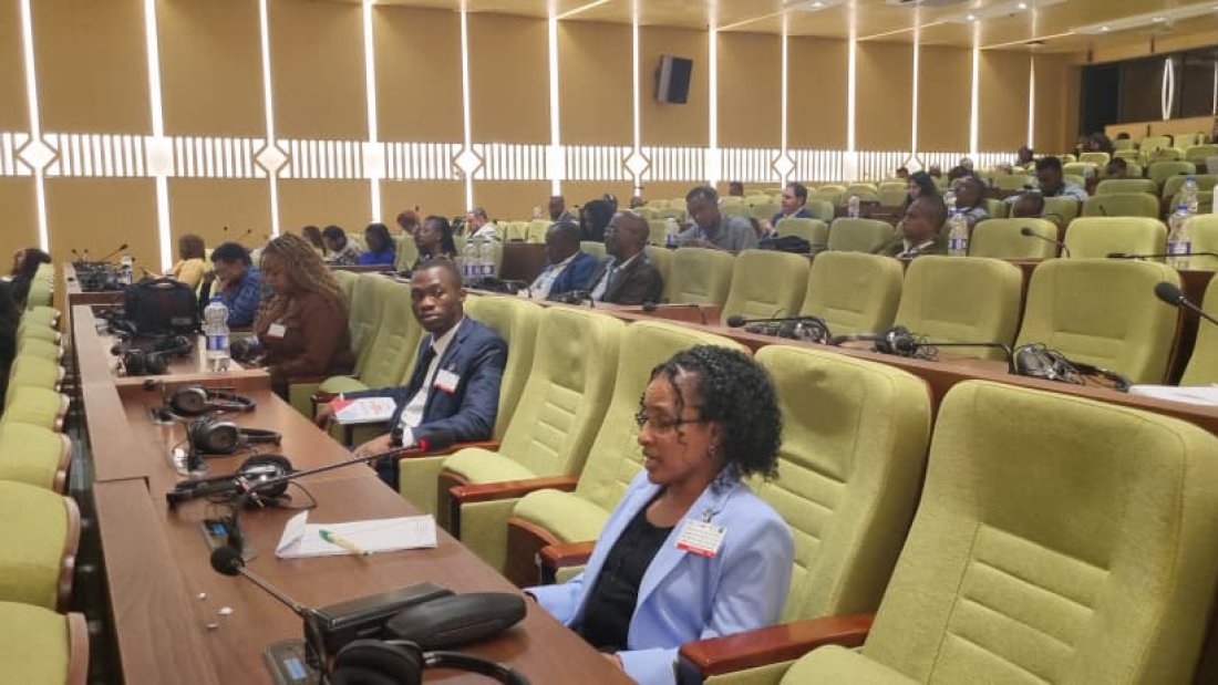 Shitaye Astawes, wearing a light blue jacket, speaks into a microphone while seated in a large conference hall with other participants in the background.