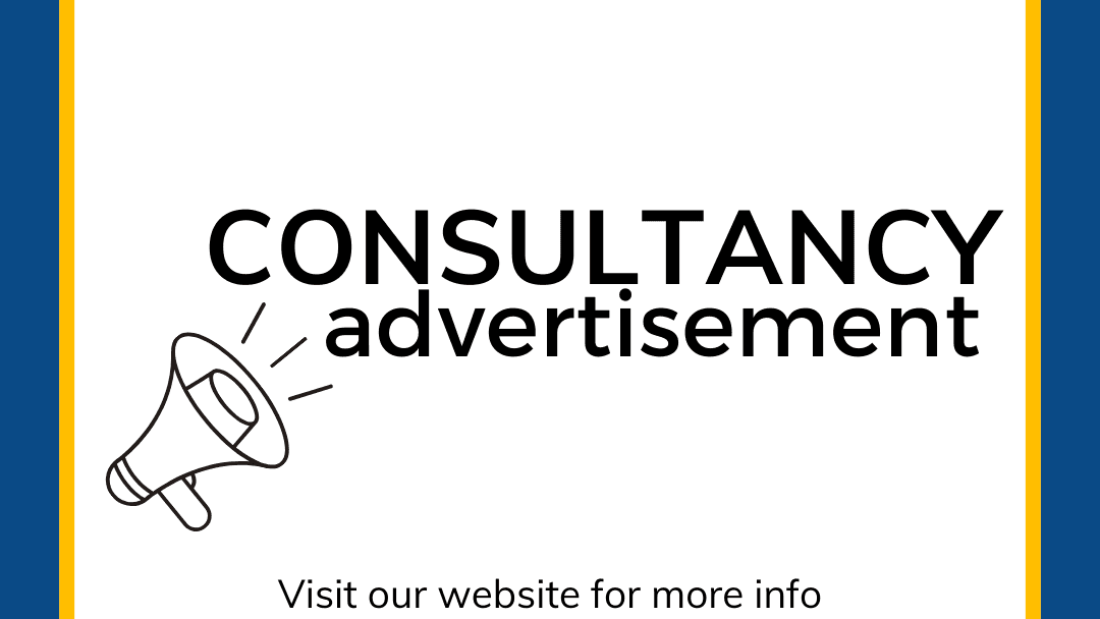 A digital poster from the African Disability Forum (ADF) with a blue and yellow border. The ADF logo is in the top left corner. The main text reads "CONSULTANCY advertisement" in bold black letters, with a megaphone icon to the left. Below, the text says, "Visit our website for more info" followed by the website link africandisabilityforum.org in bold.