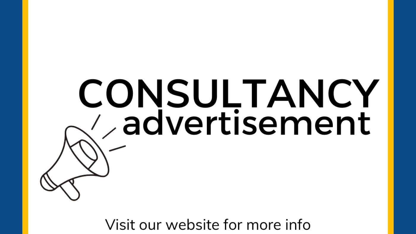 A digital poster from the African Disability Forum (ADF) with a blue and yellow border. The ADF logo is in the top left corner. The main text reads "CONSULTANCY advertisement" in bold black letters, with a megaphone icon to the left. Below, the text says, "Visit our website for more info" followed by the website link africandisabilityforum.org in bold.