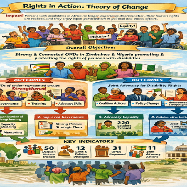 Infographic titled “Rights in Action: Theory of Change.” It shows people with disabilities in Africa working together for equality and inclusion. The goal is to strengthen organizations of persons with disabilities in Zimbabwe and Nigeria so they can advocate for their rights. The graphic highlights training, stronger governance, advocacy skills, joint campaigns, and policy change. Key results include decision-makers trained, laws developed, disability organizations empowered, and joint advocacy actions.