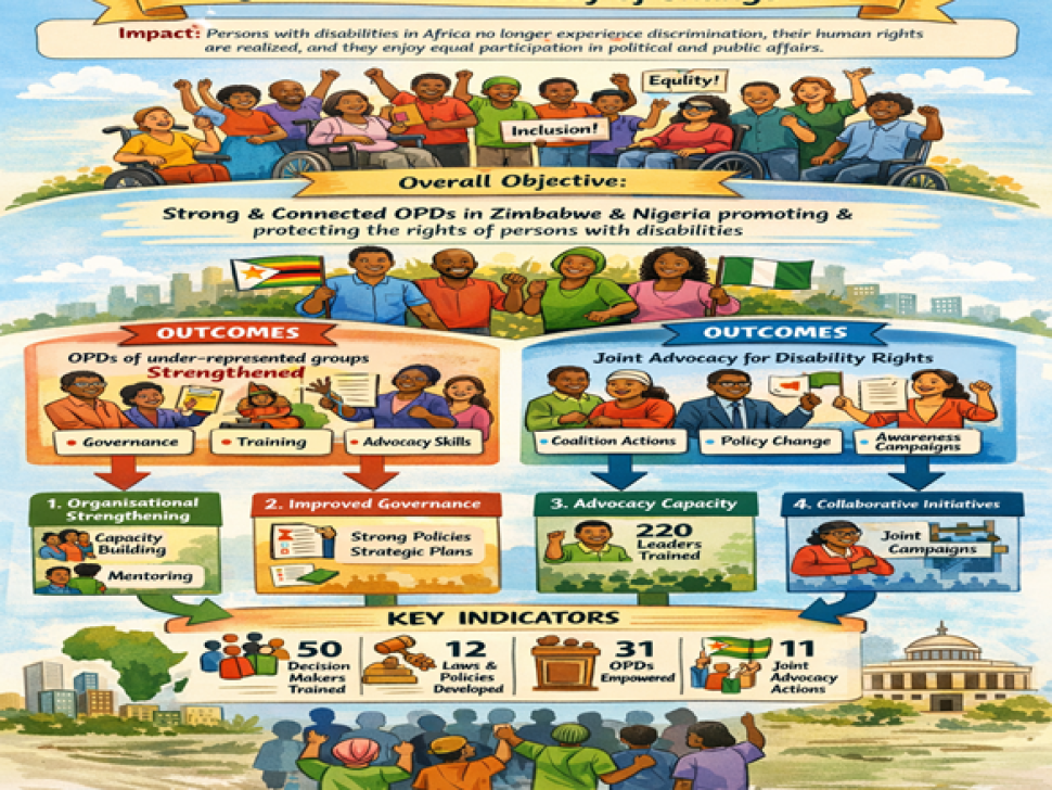 Infographic titled “Rights in Action: Theory of Change.” It shows people with disabilities in Africa working together for equality and inclusion. The goal is to strengthen organizations of persons with disabilities in Zimbabwe and Nigeria so they can advocate for their rights. The graphic highlights training, stronger governance, advocacy skills, joint campaigns, and policy change. Key results include decision-makers trained, laws developed, disability organizations empowered, and joint advocacy actions.